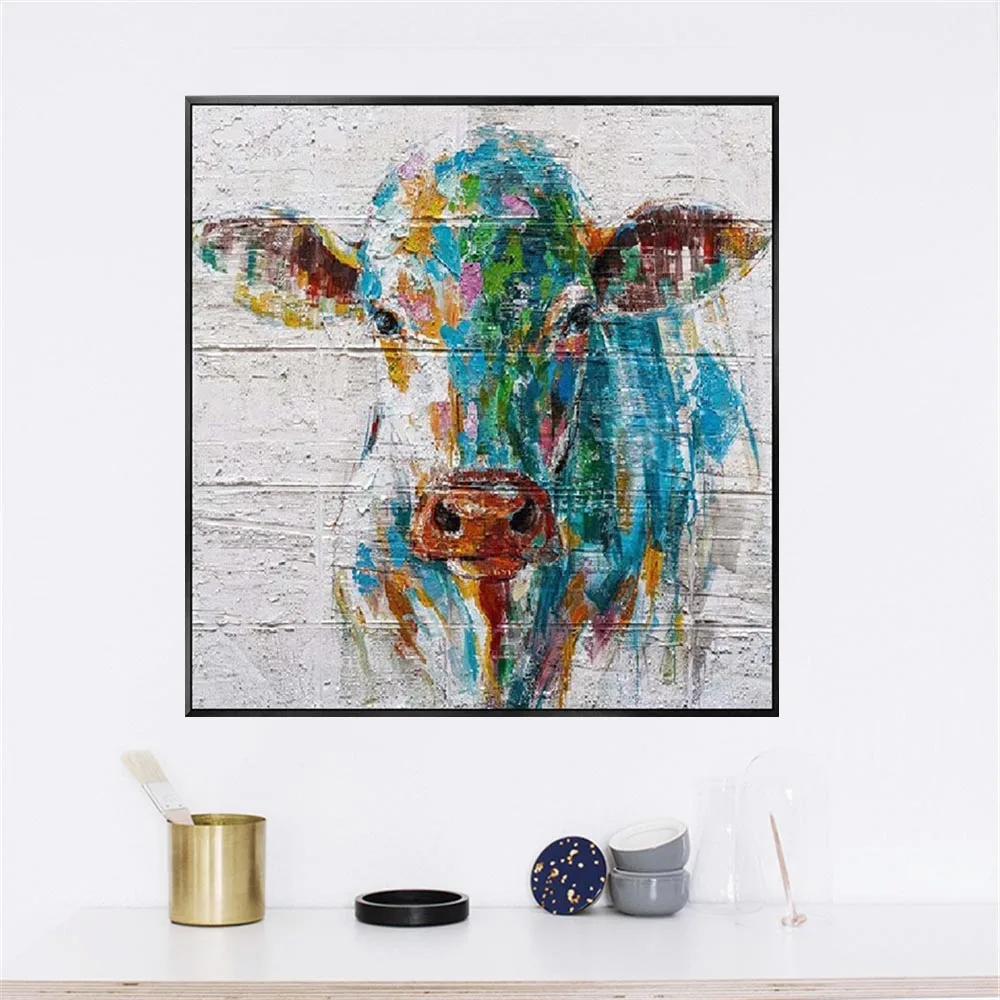 

100% Hand Painted Ox Picture Animal Cyan Texture Canvas Thick Oil Painting Square Bedroom Living Room Sofa Wall Trim Home Decor