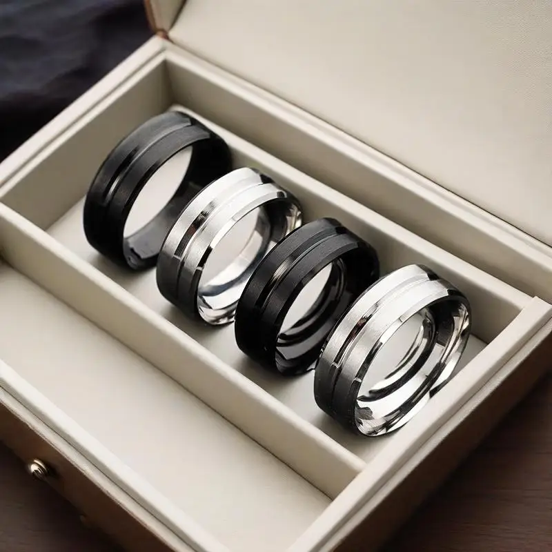 خاتم زفاف رجالي أساسي أسود نقي 8 مللي متر من الفولاذ المقاوم للصدأ غير لامع الأخدود خاتم مصقول ، خاتم زفاف هدايا عيد الحب #2