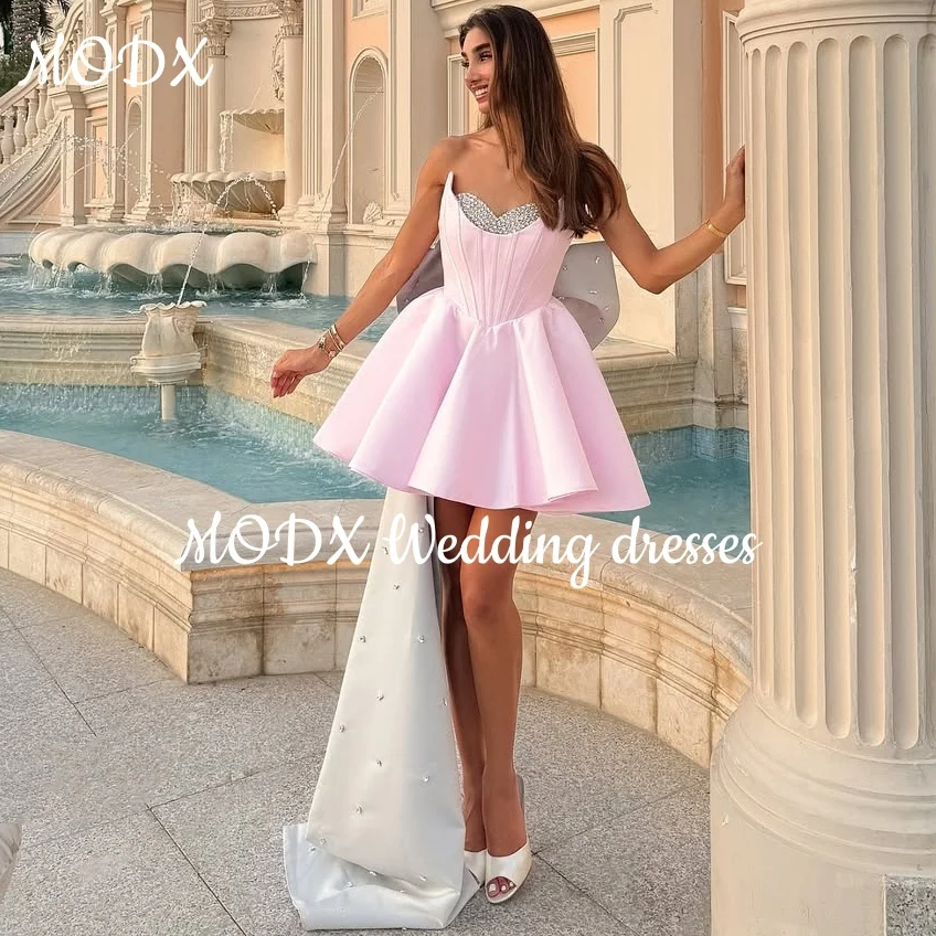 

MODX Simple Mini Pink Prom Dresses Sweetheart Strapless Strap Bowknot Beaded Birthday Party Dresses Formal Evening Customized
