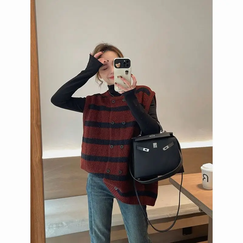Women's 2026 Autumn Striped Knit Cardigan Vest Loose Layering Sleeveless Tank Top Elegant Chic Coquette Trendy  Knit Vest