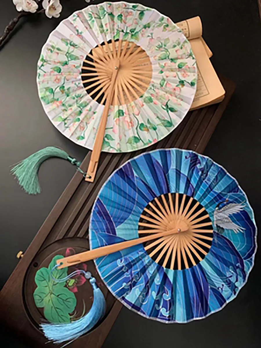 Portable Bamboo Round Shape Hand Fan for Ladies, Folding Fan, Chinese Ancient Style, Summer Hanfu, Dance Party Decor, Folding, F
