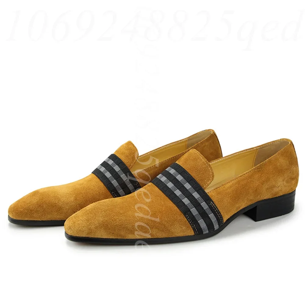 Men's Suede Leather Striped Loafers Tan Green Slip-On Dress Shoes with Plaid Band for Formal Business & Retro Casual Daily Wear