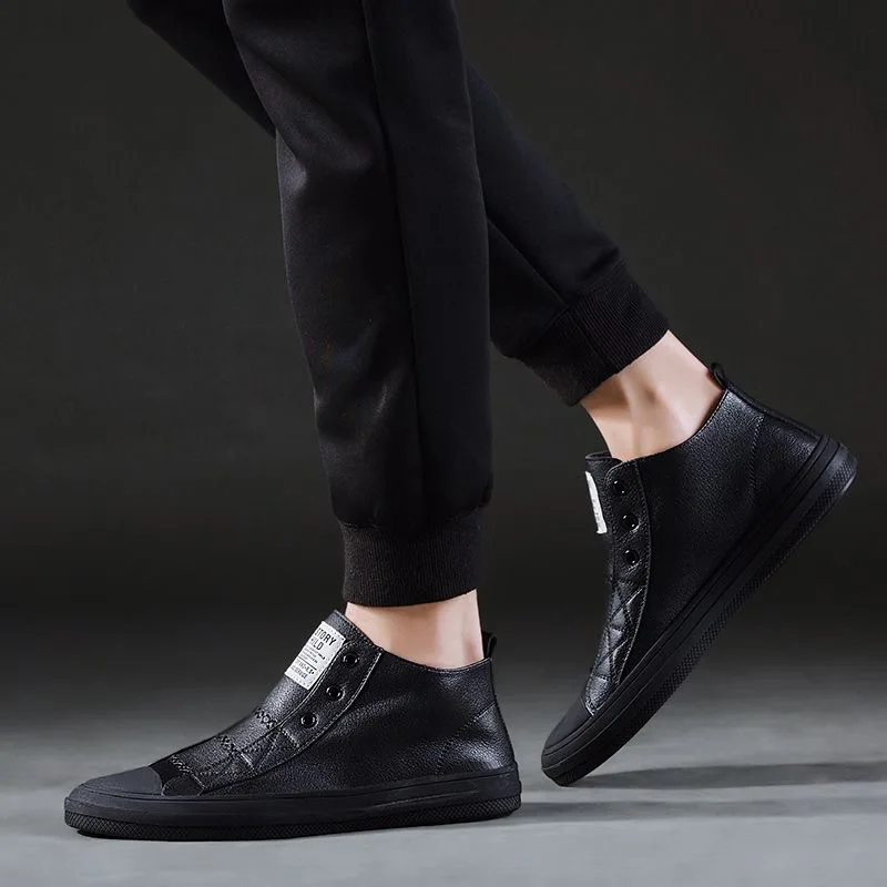 New 100% Genuine Leather Shoes Men High top Fashion Sneakers Flat Brand Black White Shoes Cool Street Young Male Footwear DX233