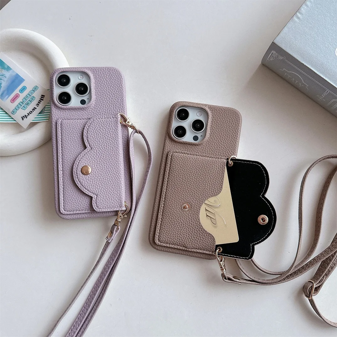 

Luxury Shoulder Strap Leather Card Pocket Wallet Case For iPhone 11 12 13 14 15 16 17 Pro Max Plus Lanyard Purse Phone Cover