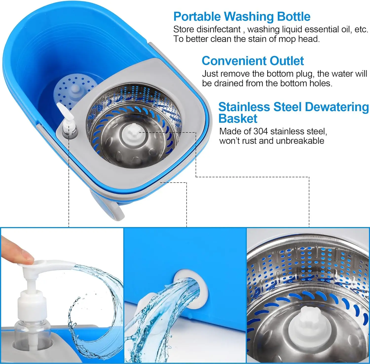 Blue Spin Mop Bucket Sets 360° Spinning Cleaning Tools with 3 Microfiber Replacement Heads, 61\