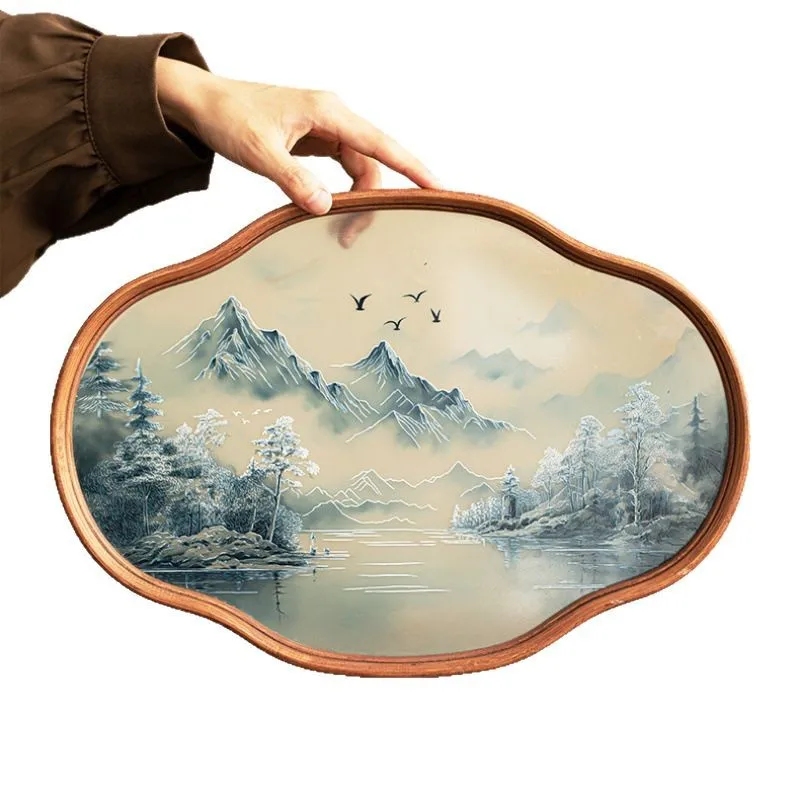 

Landscape glass tea tray tray, retro bamboo tea tray Kung Fu tea set