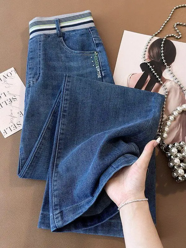 

Blue Wide Leg Denim Jeans Women's Spring 2026 New Elastic Waist Slim Fit Big Size Straight Tube Pants Soft Denim Non-Stretch