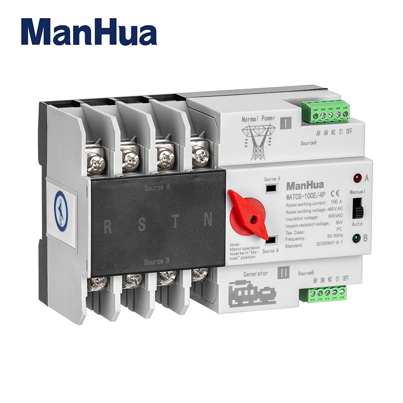 

ManHua Dual Power MATCS-100E 4P Автоматический резервный переключатель 100A 220VAC Переключатель типа ПК с красной ручкой Монтаж на DIN-рейку
