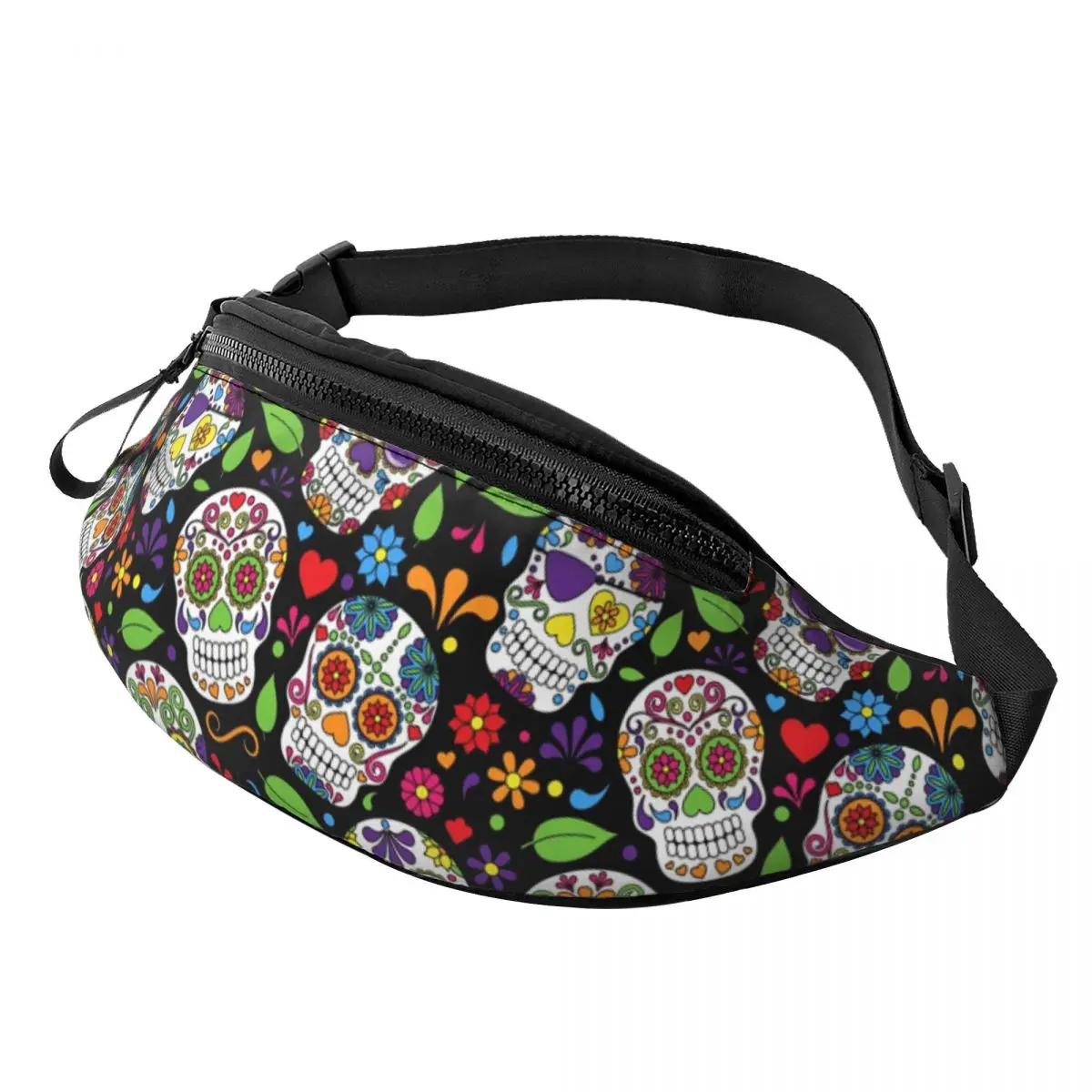 Riñonera colorida con patrón de flores y calavera de azúcar para hombre y mujer, bolso cruzado informal para la cintura, bolsa para dinero para teléfono y senderismo