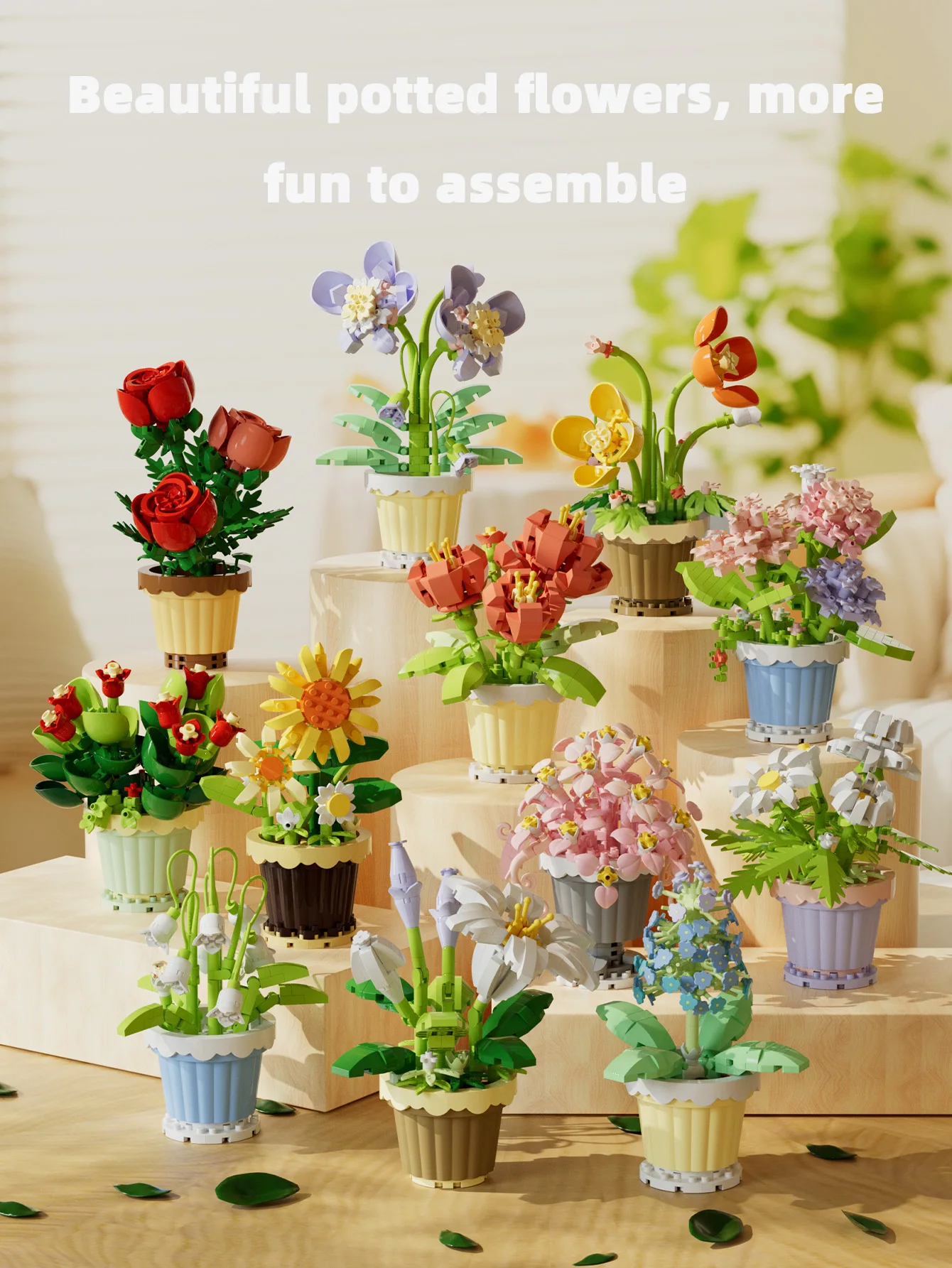 12 estilos de blocos de construção de vasos de flores granulares para adultos, brinquedos de modelo de montagem de buquê simulado, presentes decorativos e colecionáveis