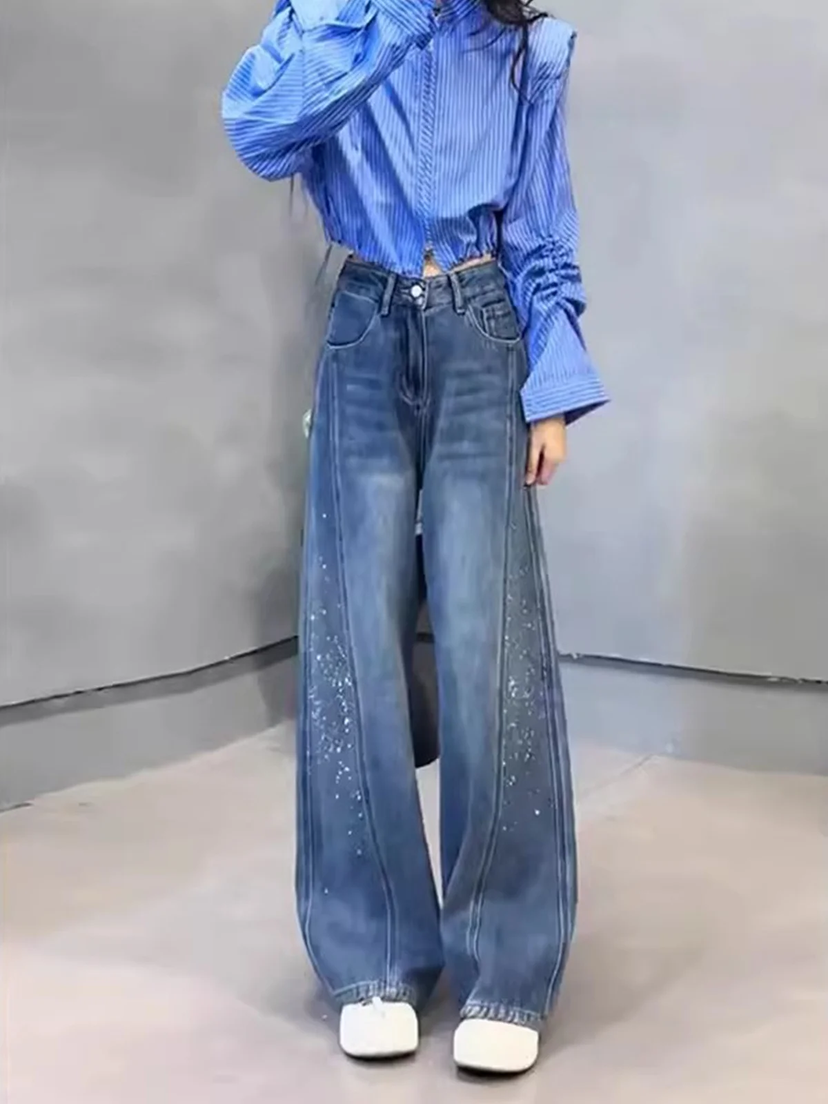 

Retro Rhinestone Embellied Loose High Waist Thiened Women's Jeans Spring Autumn Straight Leg Wide Leg Pants Slimming Effect