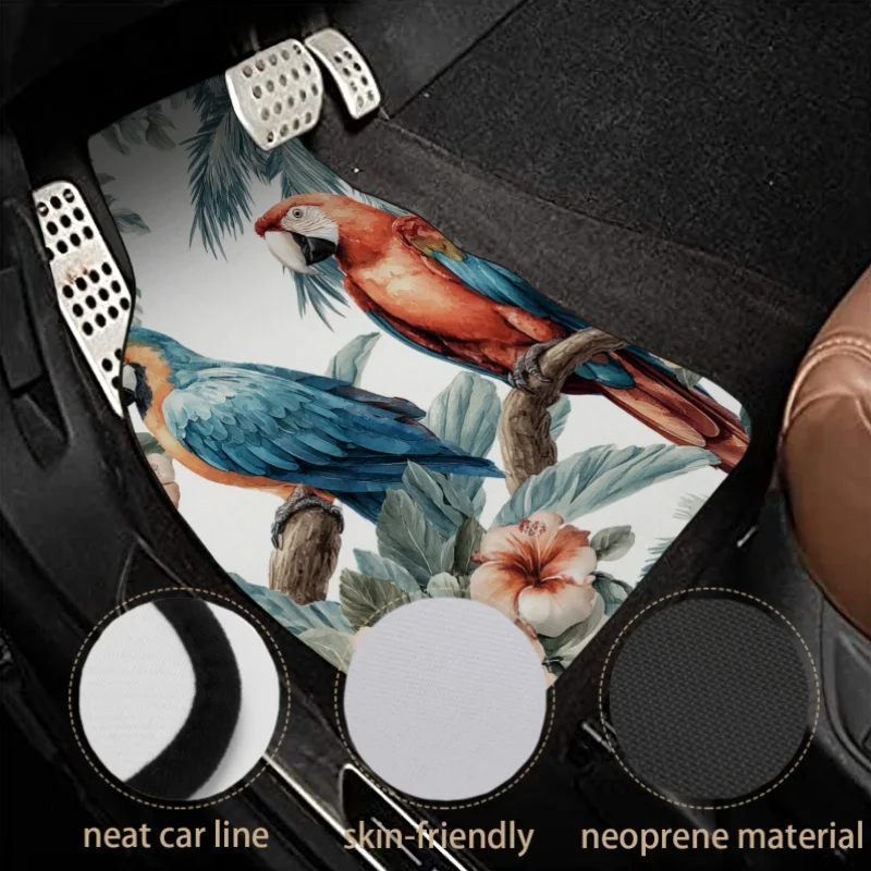 Set Of 4 Tropical Parrot Car Floor Mats | Non-Slip, Floral Design, Polyester, Universal Fit For Car, SUV, Truck, Van