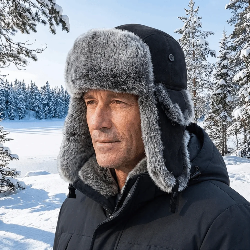 Suede Fabric Men Lei Feng Hat Imitation Fur Thick Ear Protection Hat with Ear Flaps Fleece-Lined Windproof Ski Hat Cycling