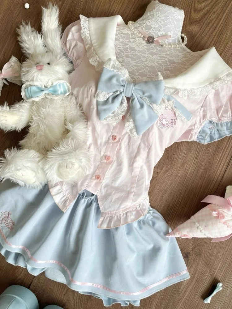 جرلي الصيف نمط Preppy الربط شيك مجموعات النساء البحرية طوق قميص + تنورة منتفخة دعوى الحلو عالية الخصر 2 قطعة مجموعة 2025 جديد