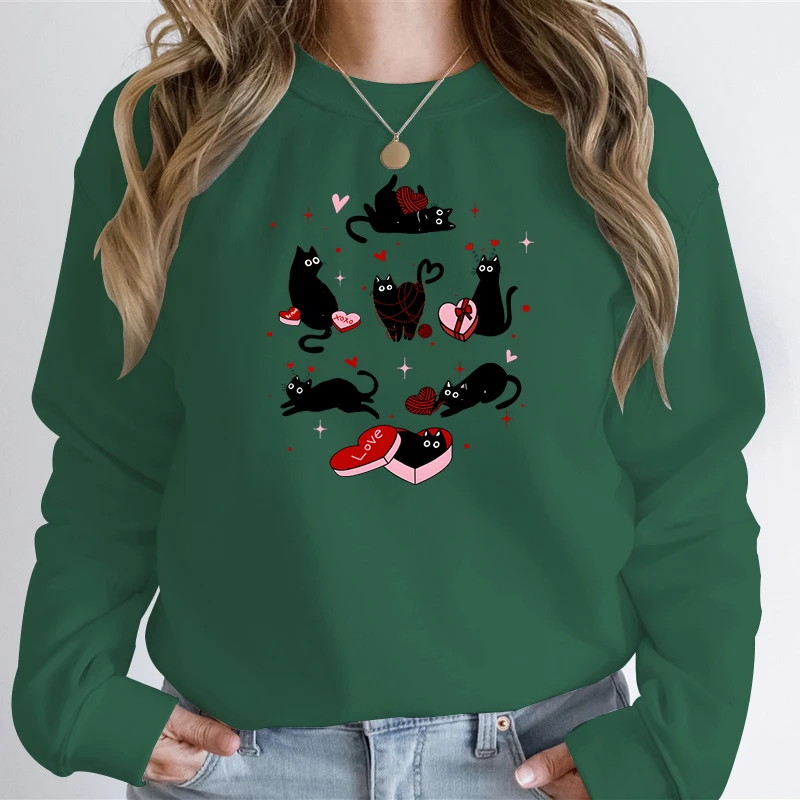 Sudadera de gato negro de San Valentín, regalo para amantes del gato negro, sudaderas con capucha informales de moda para mujer, sudaderas con estampado de corazón de amor y gatito de San Valentín