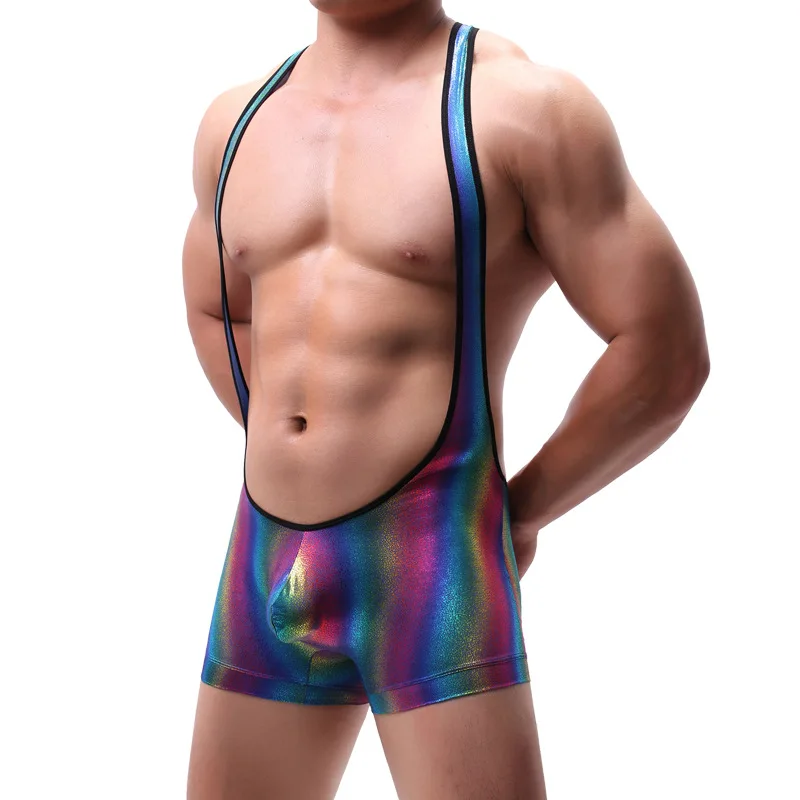 

Fashion Shiny Rainbow PU Faux Leather Sxey Men underwear jumpsuit bodysuit men's undershirt style V vest wrestling Singlet