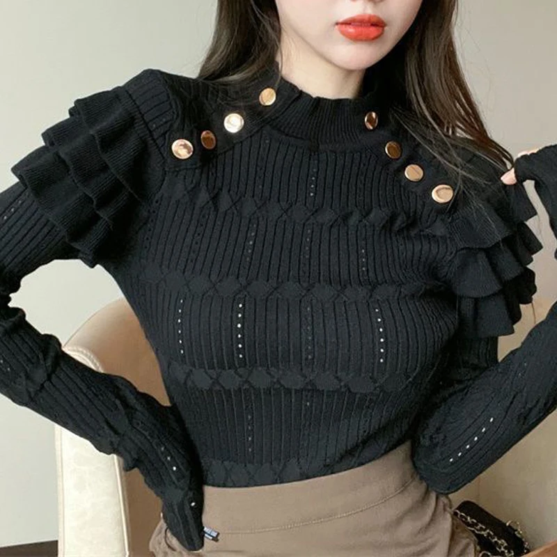 Women Trendy Vintage Ruffle Hollow Button Chic Sweet Knitted Sweater Female Elegant White Black Long Sleeve Slim Basic Pullovers