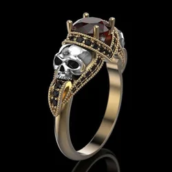 New Fashion Skull, Party Two Tone Ruby Ring, Punk Style Creative Trend
