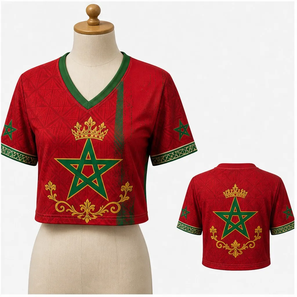 Womens V Neck Cropped Tees Morocco Crown Star Graphic Short Sleeve Summer Street Travel Top With Gold Scroll Art And Sleeve Trim