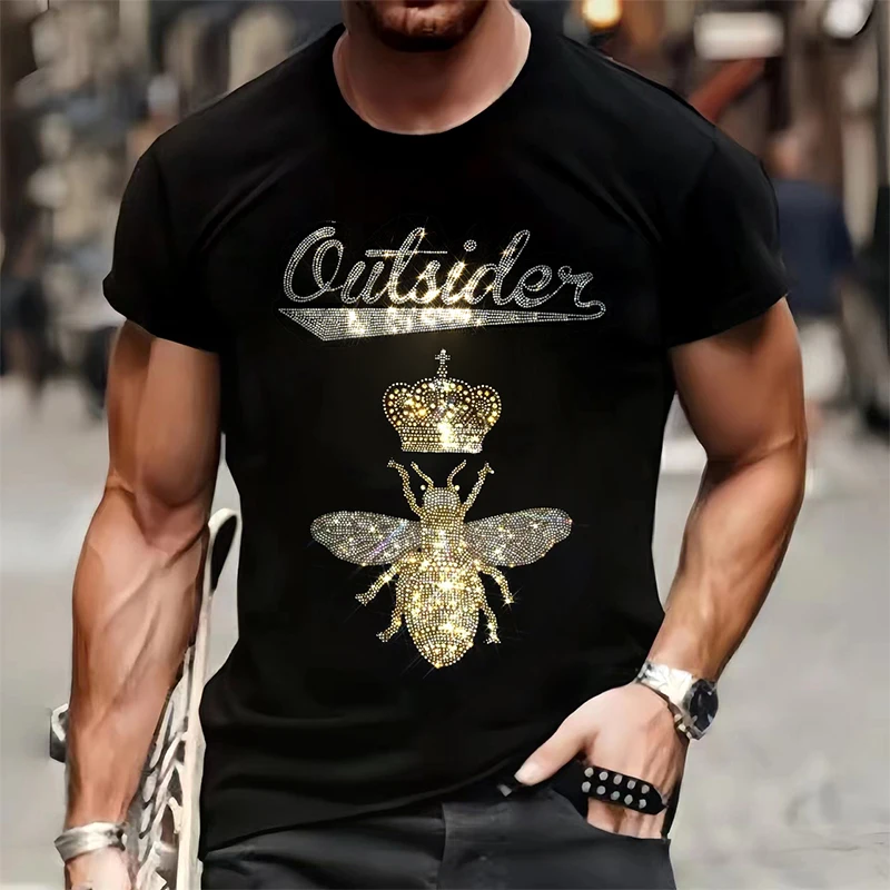 Men\'s Casual Street Short Sleeve T-Shirt, Bee Graphic Clothing, Tee Tops, O-Neck Rhinestone, Punk, Quality Fashion, Summer, Y2k