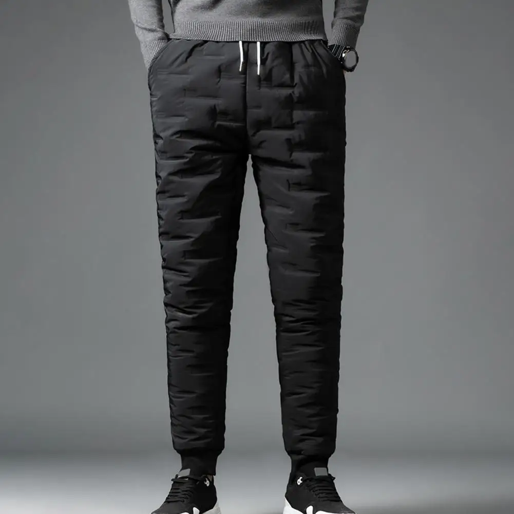 

Winter Men Pants Cotton Padded Elastic Waist Solid Color Thickened Plush Lining Coldproof Trousers City Military Pants