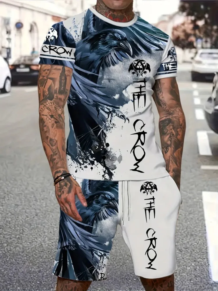 

2025 New 3D Printed Short Sleeved T-shirt and Shorts 2-piece Set Summer Men's Fashion Street Leisure Outdoor Sports Wear