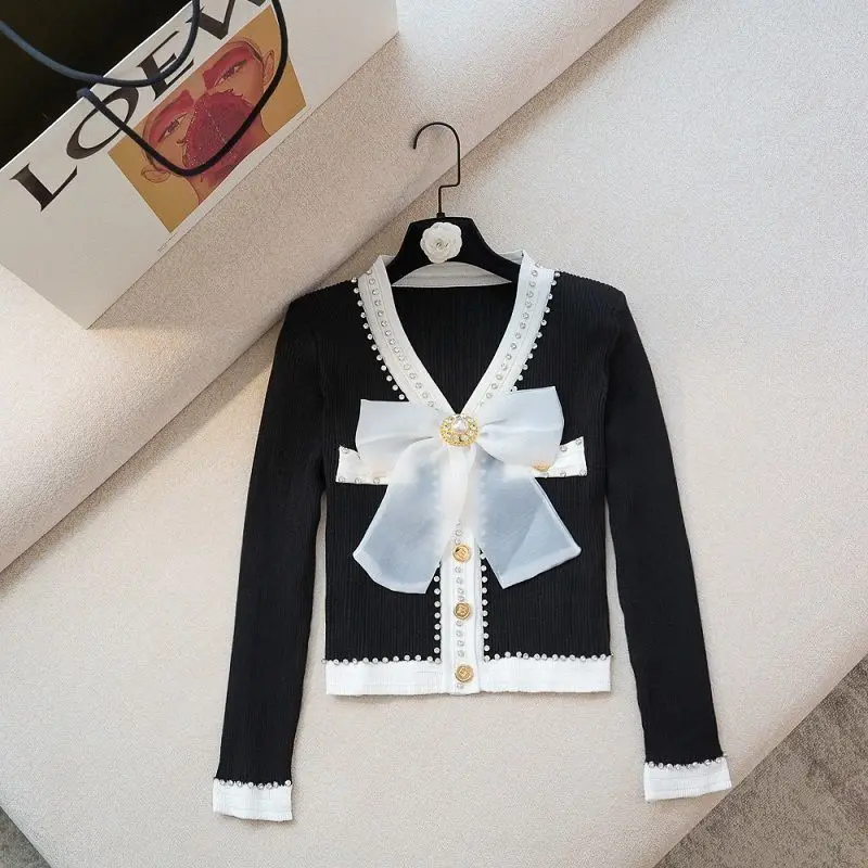 Autumn Summer Korean Fashion Women Long Short Sleeve Knitted Top Nail Drill Bow Tie Button Short Coat Slim Fit Sweater New
