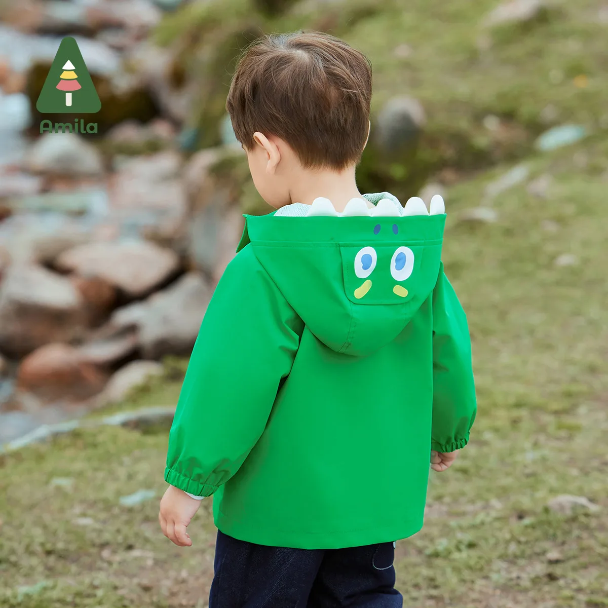 Amila Baby Boys‘ Jacket 2024 Spring New Solid Color Waterproof Breathable Cute Little Dinosaur Hooded Coat