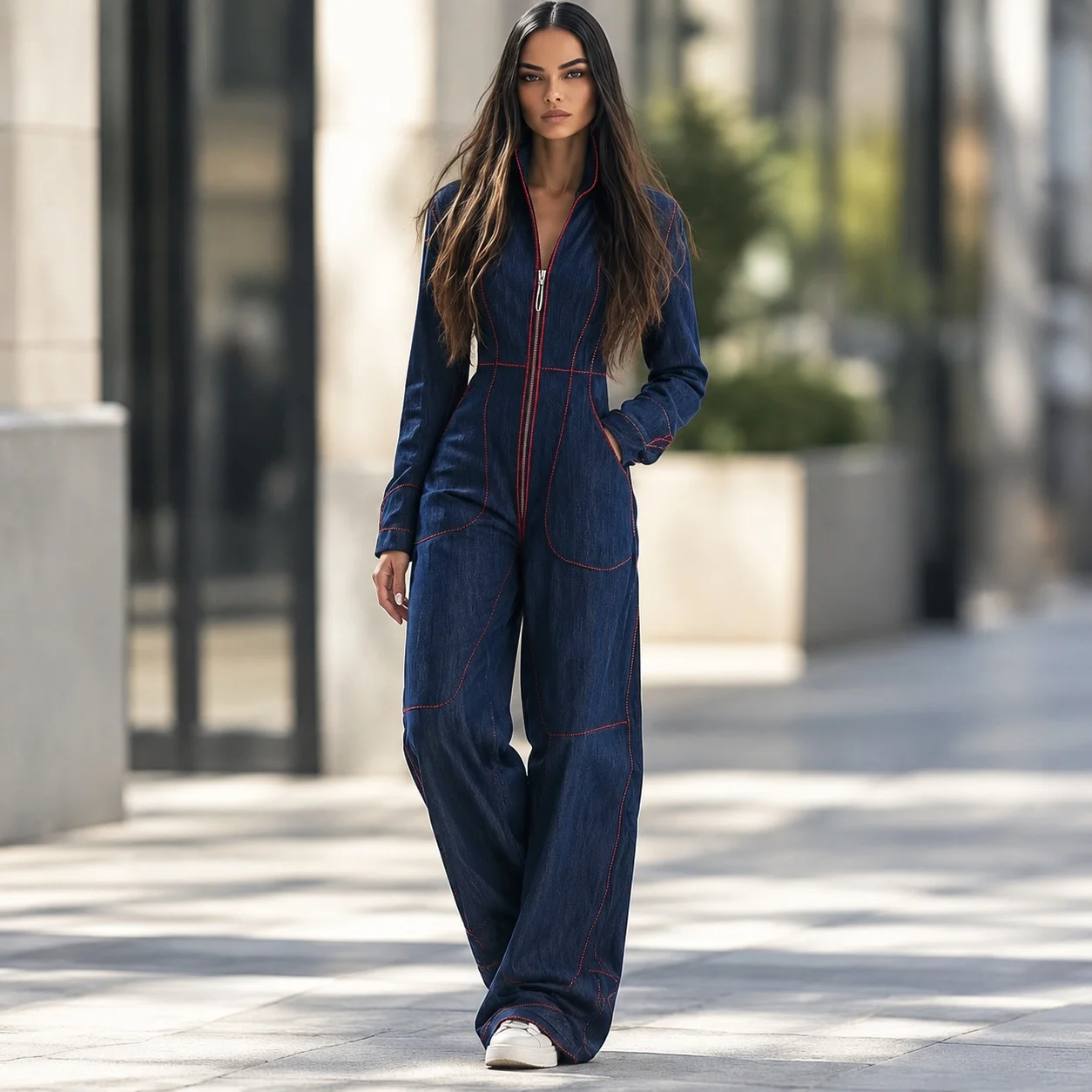No Stretch Autumn Jumpsuit Mid Waist Commuter Chic with Long Sleeve Urban Street Regular Sleeve Straight Leg Women Jumpsuit