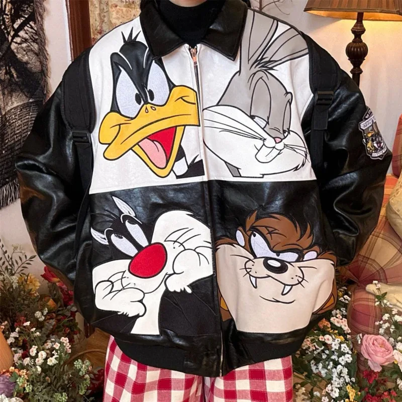 Disney Cartoon Embroidery PU Leather Cotton Jacket For Men And Women Winter New American Style Trend Cool Jacket Thick Warm Coat