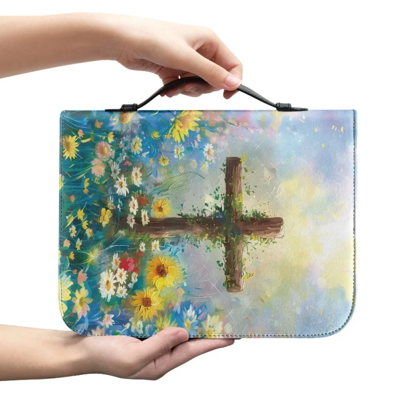 Hot Flower Print Leather Bible Cover Case for Women Zipper Handle Handbags Portable Practical Bible Storage Bags Paquete Bíblico