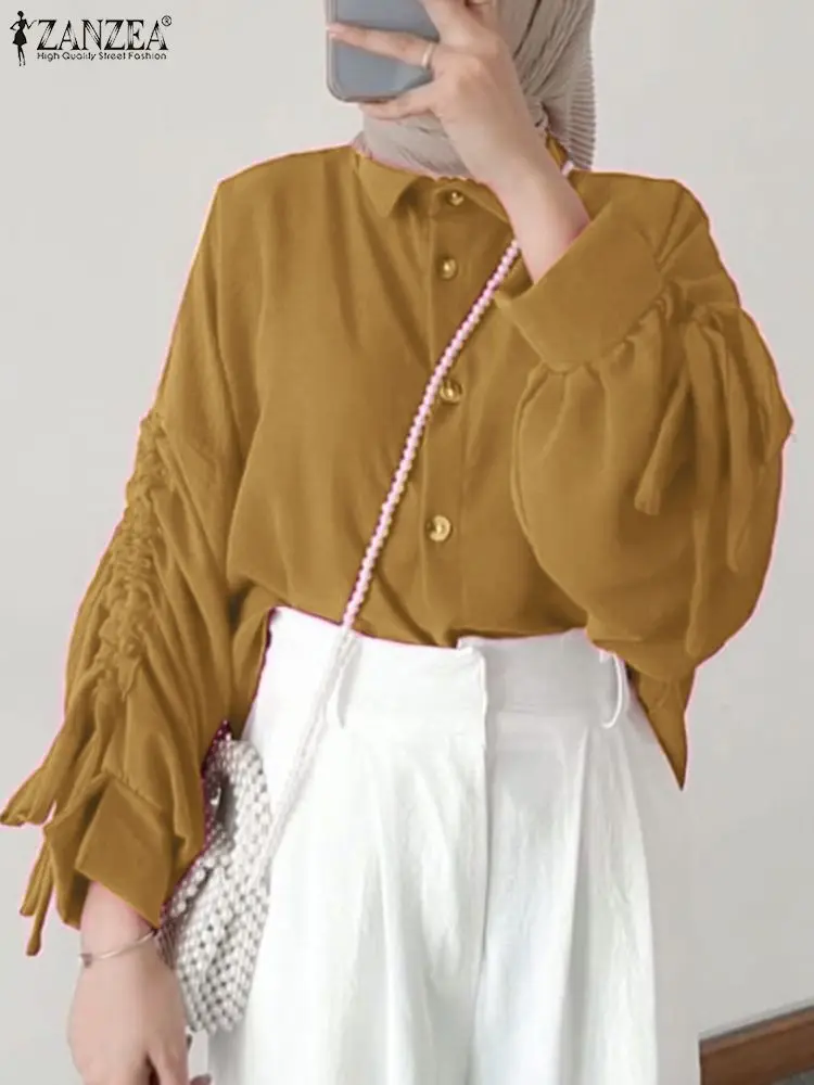 

Fashion Muslim Abaya Tops ZANZEA Women Shirt Autumn Lapel Neck Long Sleeve Loose Blouse Casual Drawstring Blusas Mujer Oversize
