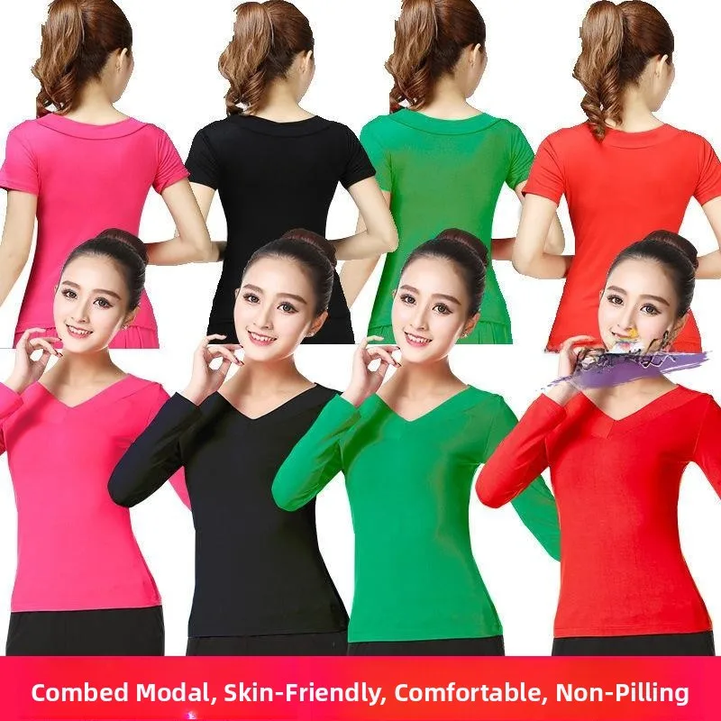 

Новая женская одежда для танцев и йоги: облегающий зимний костюм с V-образным вырезом для социальных танцев, с длинным или коротким рукавом