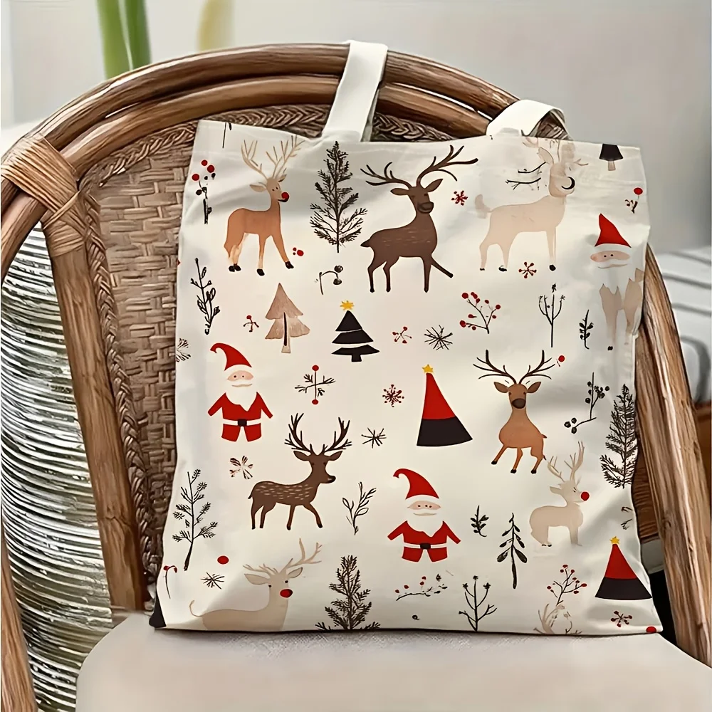 Double-Sided Print, Nordic Christmas Reindeer Santa Tote Bag - Minimalist Full Print Holiday Reusable Shoulder Shopping Bag