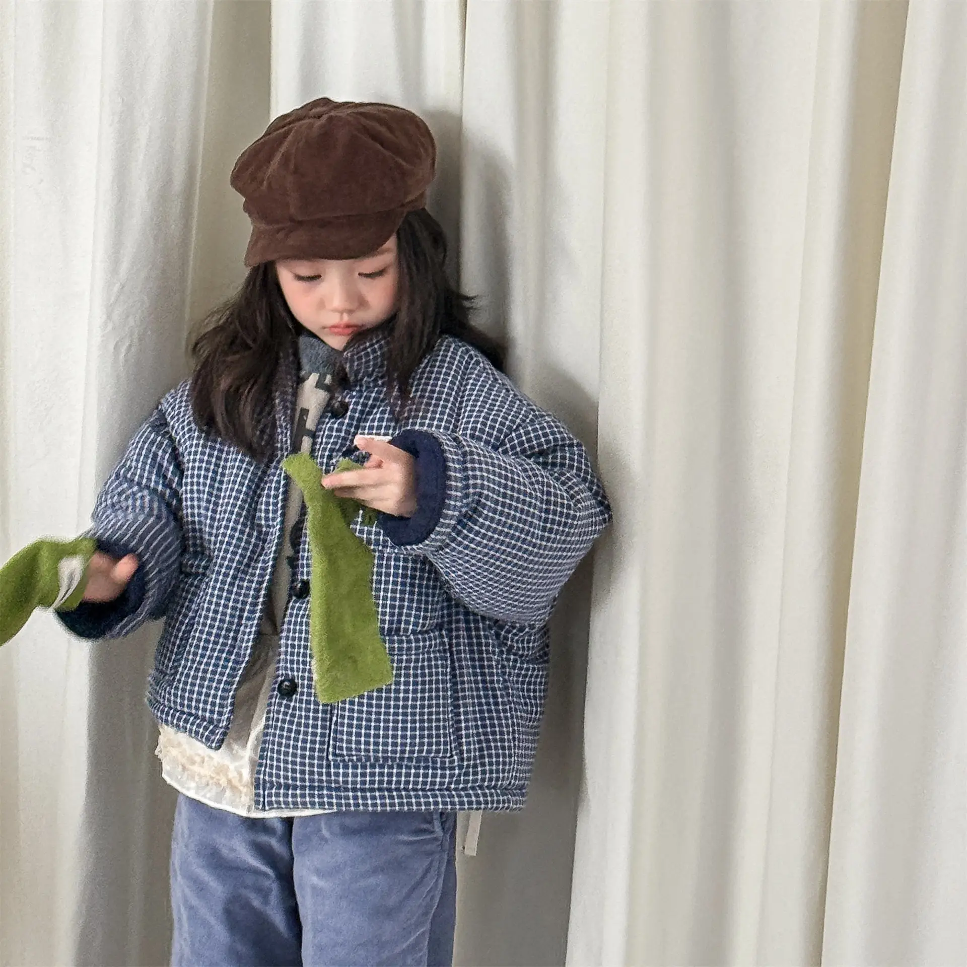 

2025 Winter New Children Cotton Padded Jacket Kids Boys Long Sleeve Casual Plaid Coat Plus Velvet Thick Girls Warm Jacket