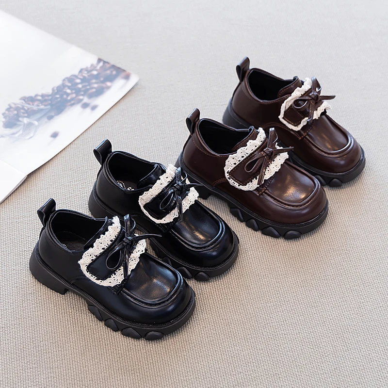 

2025 Children Leather Shoes for Girls Autumn New Fashion Korean Style Soft Sole Anti-slippery Versatile Chic Lace Princess Shoes