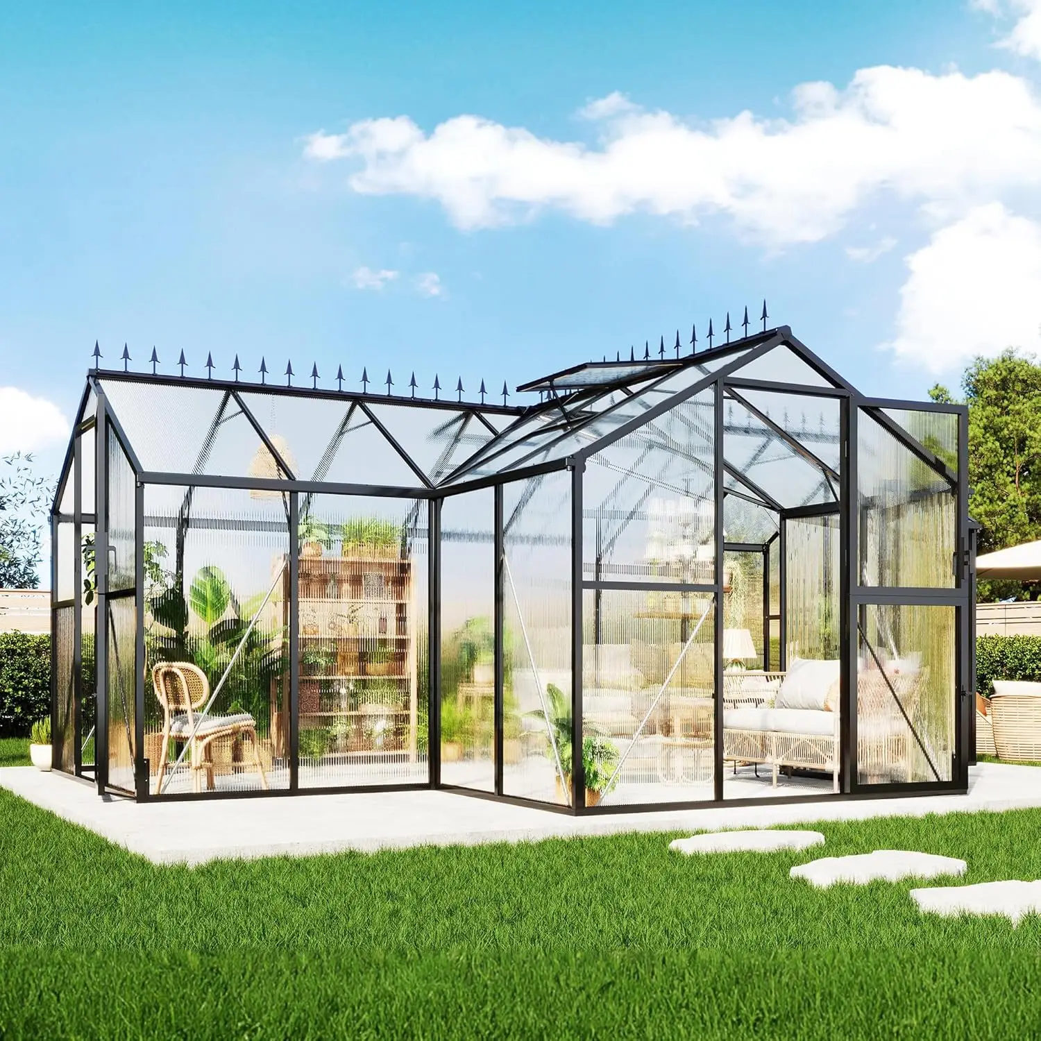 

Теплица для улицы 16,8 x 12 x 7 футов, Т-образная алюминиевая рама, быстросборная конструкция, вентиляционные отверстия на крыше, двойные двери.