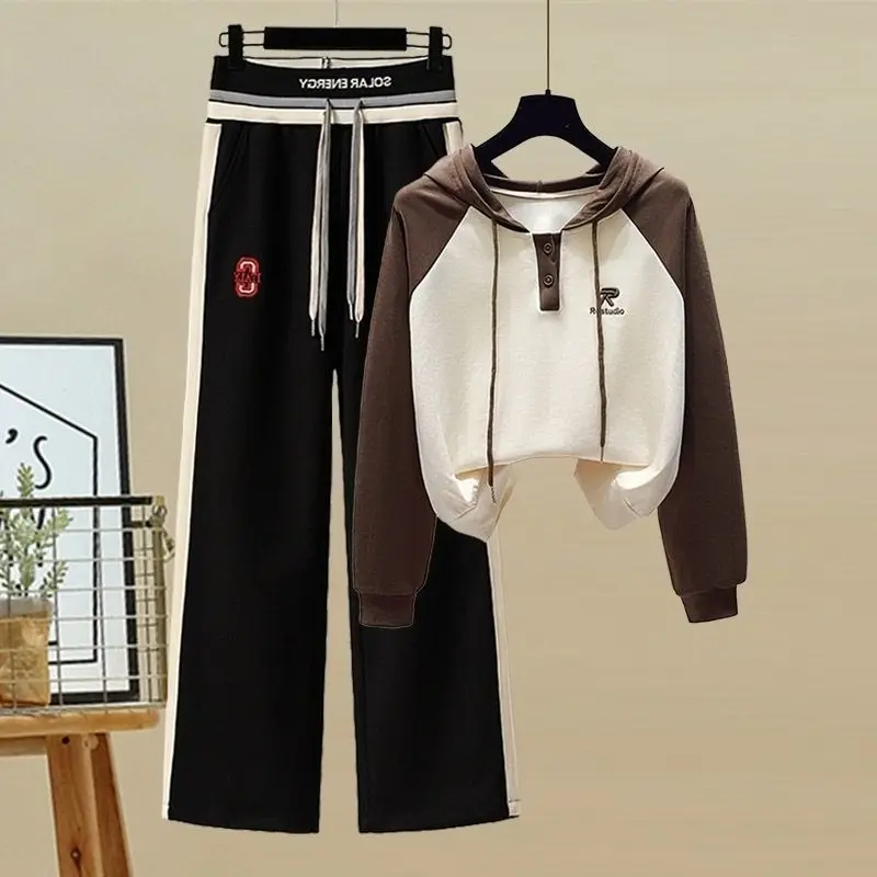 Spring and Autumn New Korean Edition Hooded Contrast Color Long Sleeved Top Spliced Fashion Sports Casual Pants Two Piece Set