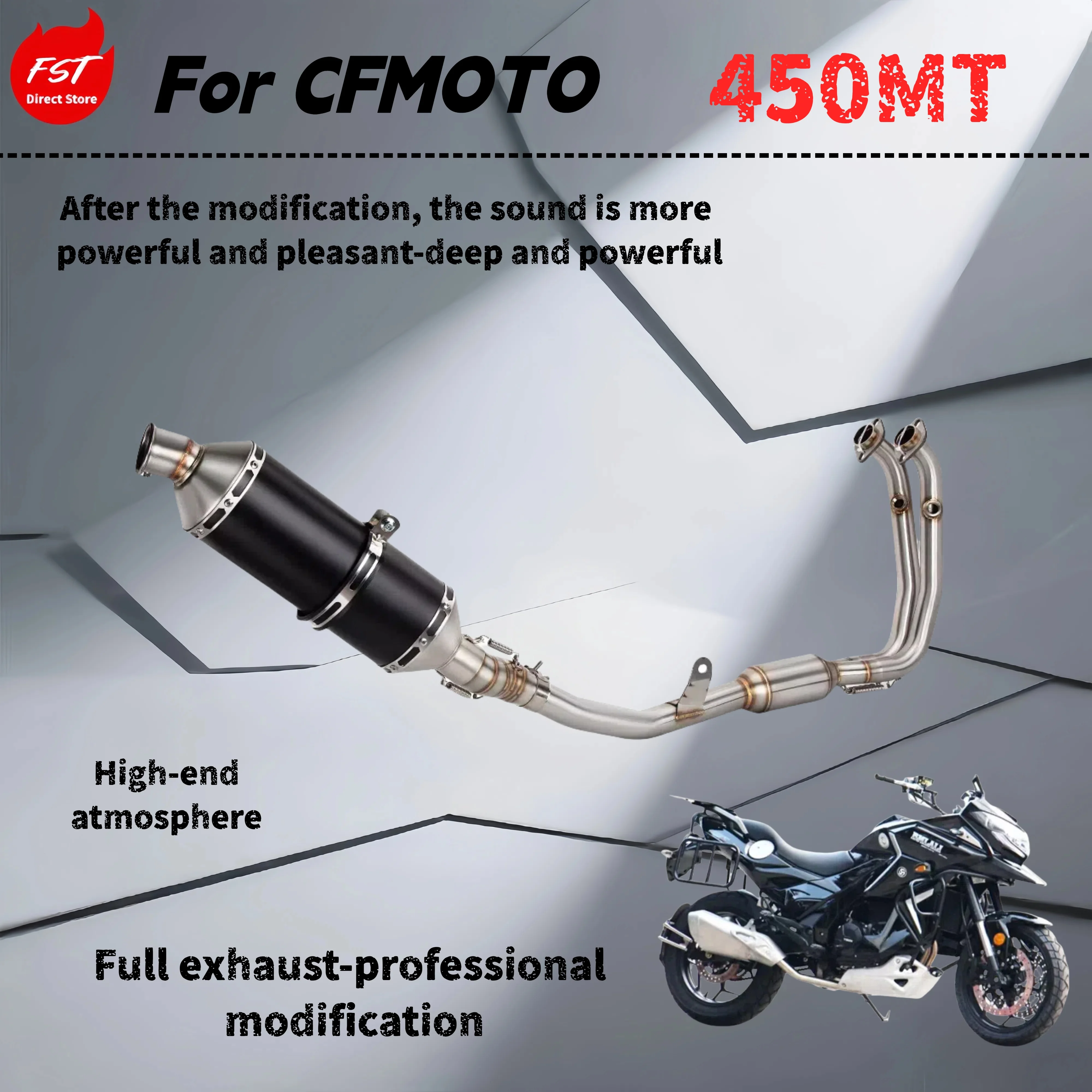 

For CFMOTO 450MT - modified full section exhaust pipe - deep, rich and powerful sound