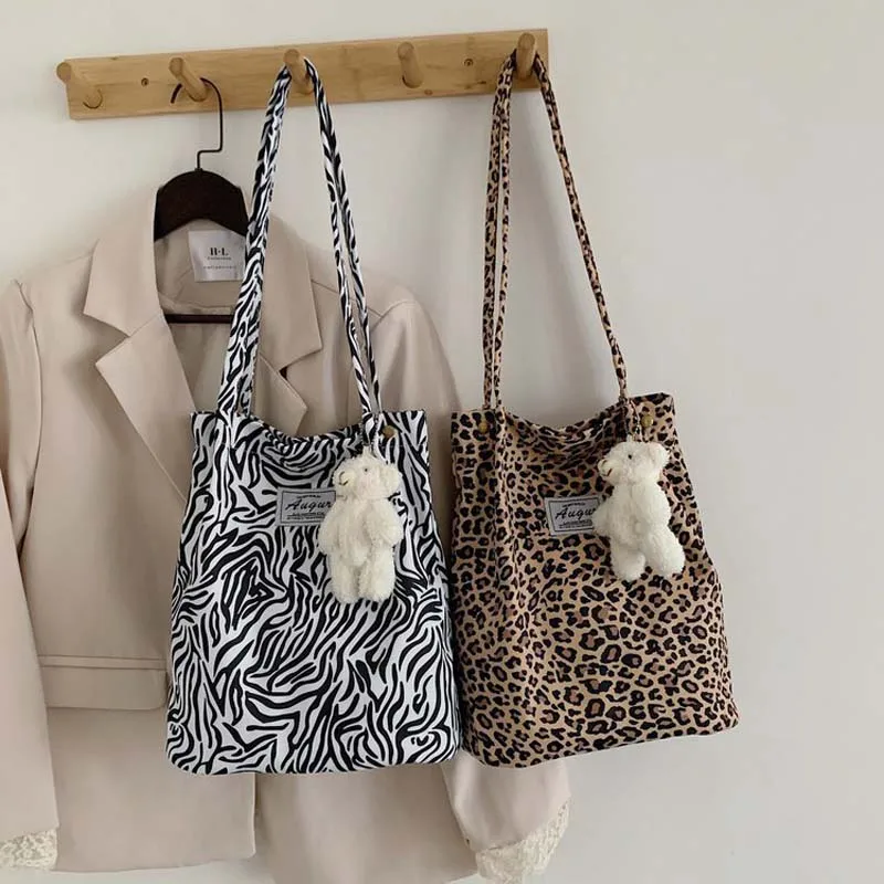 Leopard Print Shoulder Bag Fashionable Canvas Large Capacity Storage Shopping Bag Korean Chic Big Women Casual Tote Bag Handbag