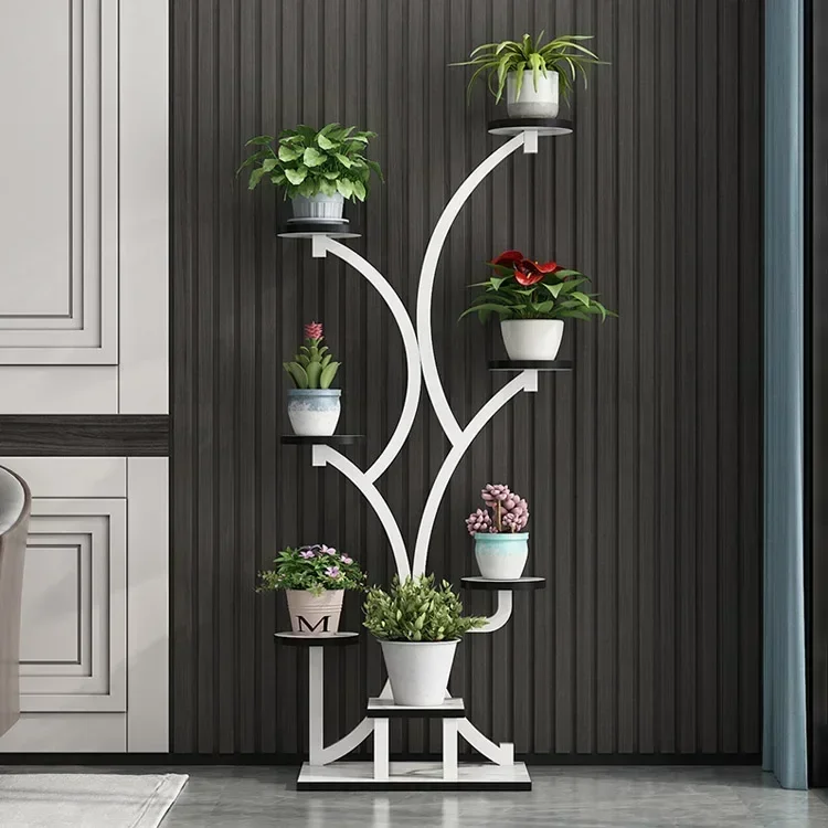 Nordic Style Indoor Metal Plant Display Stand 7 Tire 58 Inch Tall Black Flower Pot Shelf