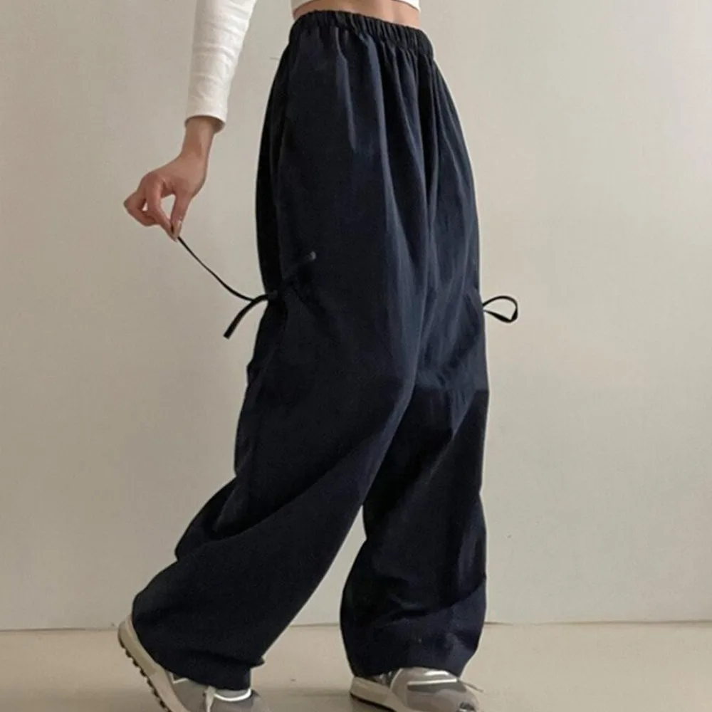 Chique outono vintage fino calças casuais femininas soltas calças de trabalho lado ket nó cintura alta perna reta