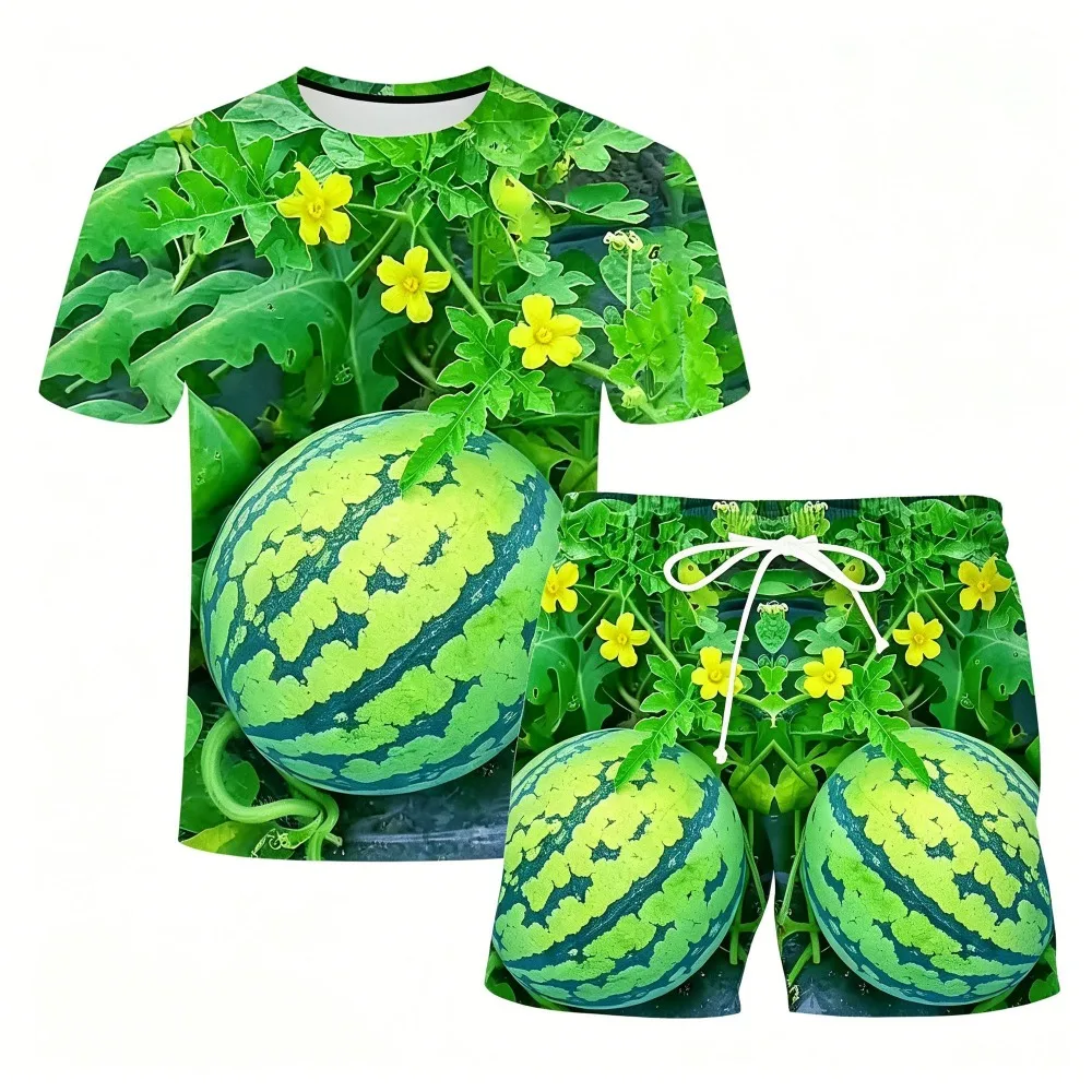 

Hot-Selling Summer Trend Watermelon Pattern Men Top 3D Printed Creative Pattern T-Shirt Shorts Set Fun Crew Neck Short Sleeve