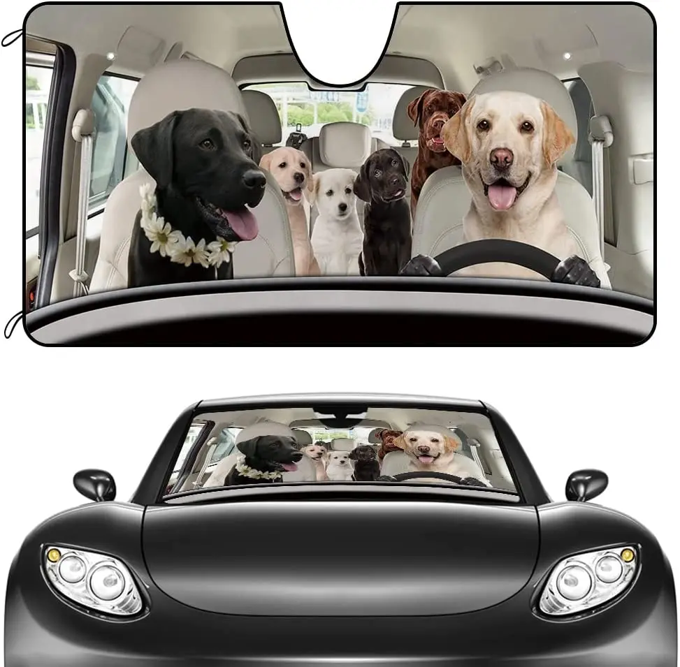 

CafeTime Car Front Windshield Sunshade Labrador Dog Family Decor Vehicle Sun Shade Visor UV Ray Reflector Sun Protector, Keep Ve