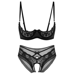 Womens Sexy Open Crotch Lingerie Set Underwear Underwired Wire-free Open Cup Bra Top with Crotchless See Through Briefs Panties