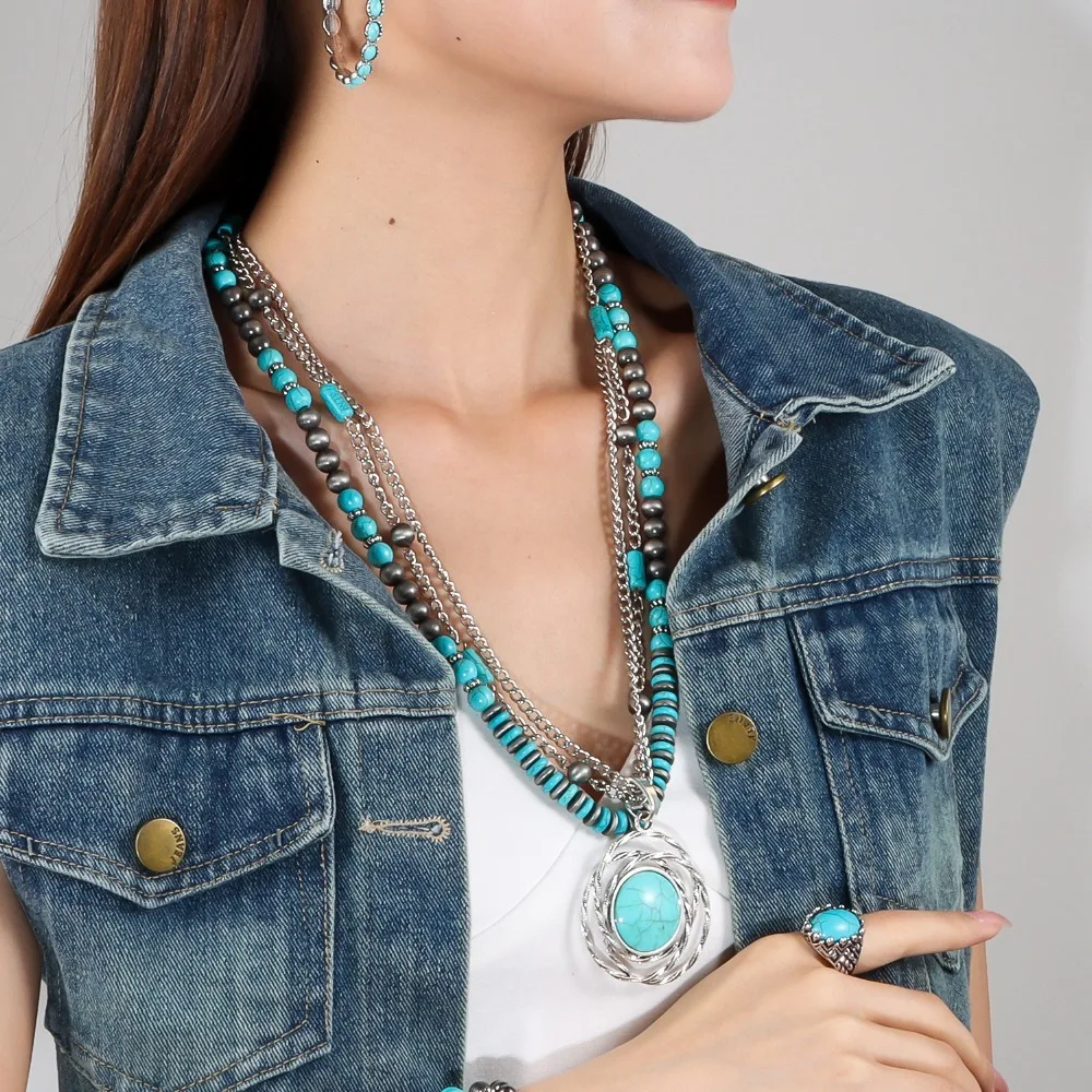 Vintage Bead Multilayer Turquoise Necklace Cactus Stacked Beach Choker Ethnic Style Pendant Western Country Necklace Festival