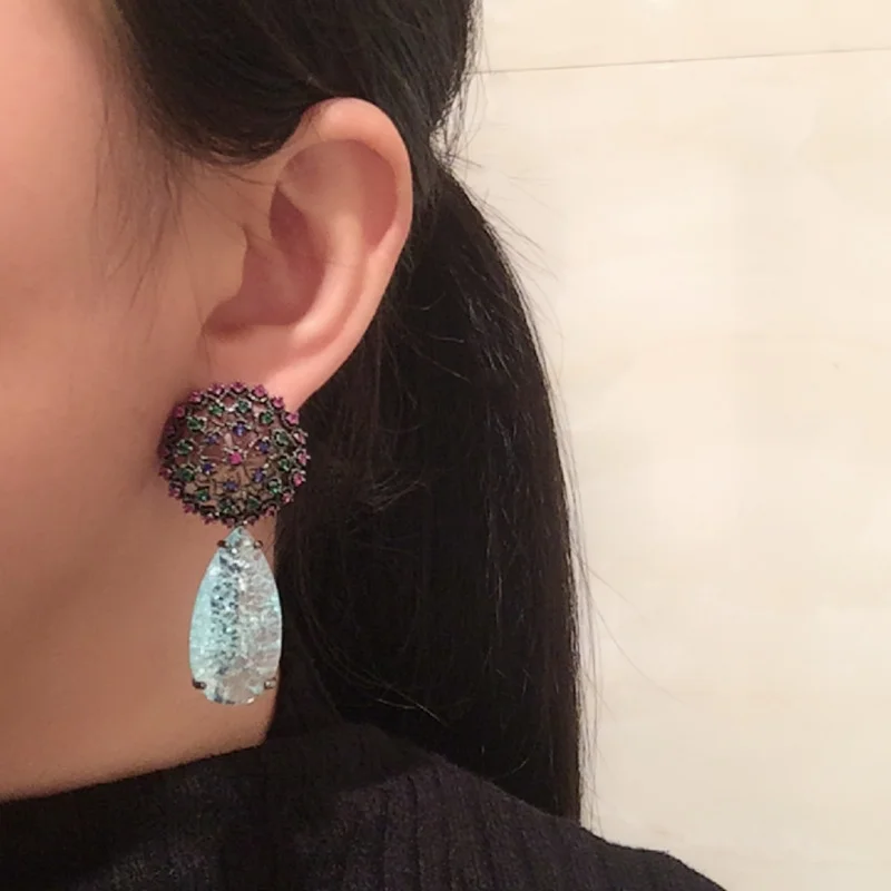 Ethnic style Vintage Mandala Multi Color CZ Cracked Glass Drop Earrings Black Tone Bohemian Statement bohemian Jewelry