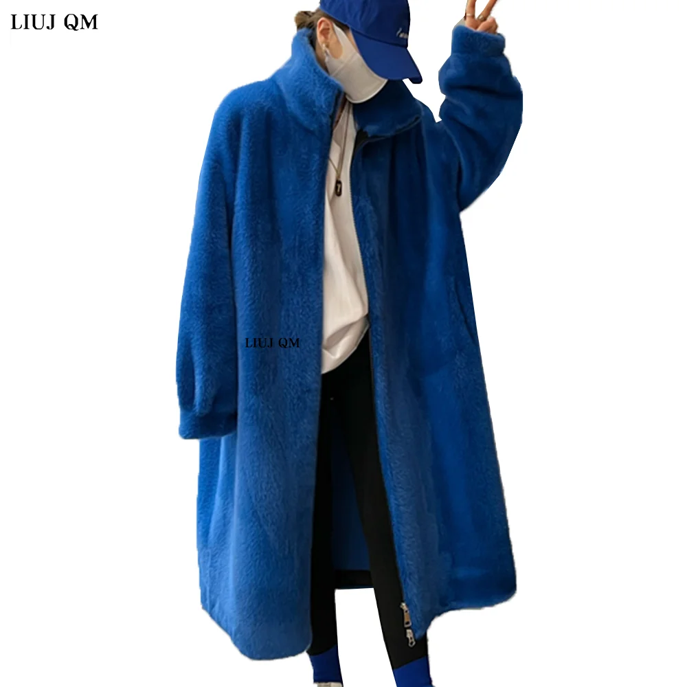 Winter Long Oversized Blue White Black Fluffy Thick Warm Faux Fur Coat Women Zip Up Runway Designer Korean Fashion 2022