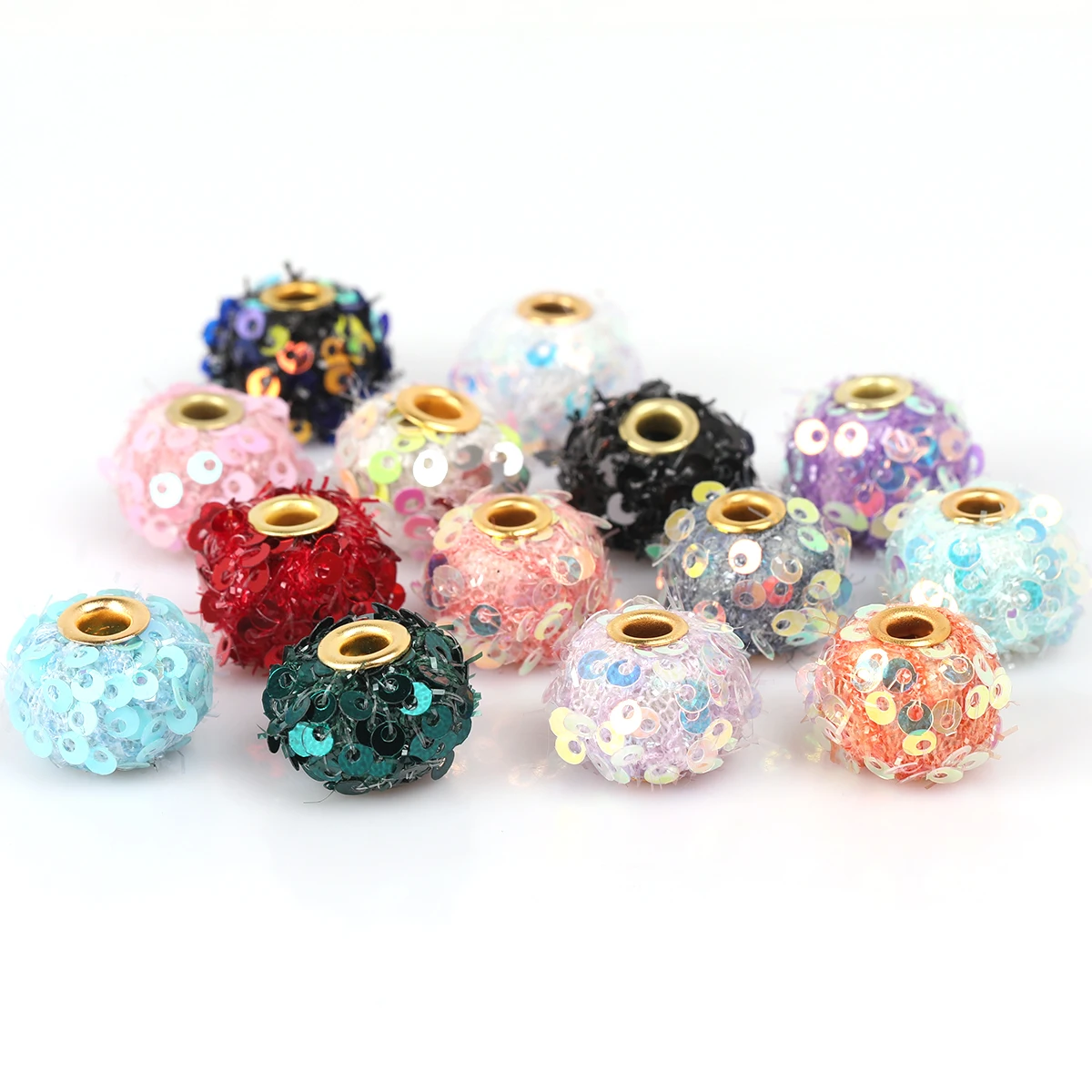 14pcs Random Color Polyester Sequin Large Hole Plush Beads, Size 1.6cm DIY Jewelry Making Accessories Necklace Bracelet