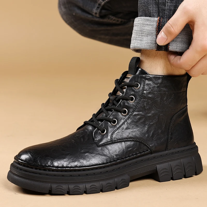 Men's Shoes 2025 Hot-Selling Genuine Leather Autumn and Winter Fleece-Lined Chelsea Leather Boots Men's High-Top Sneakers Men's